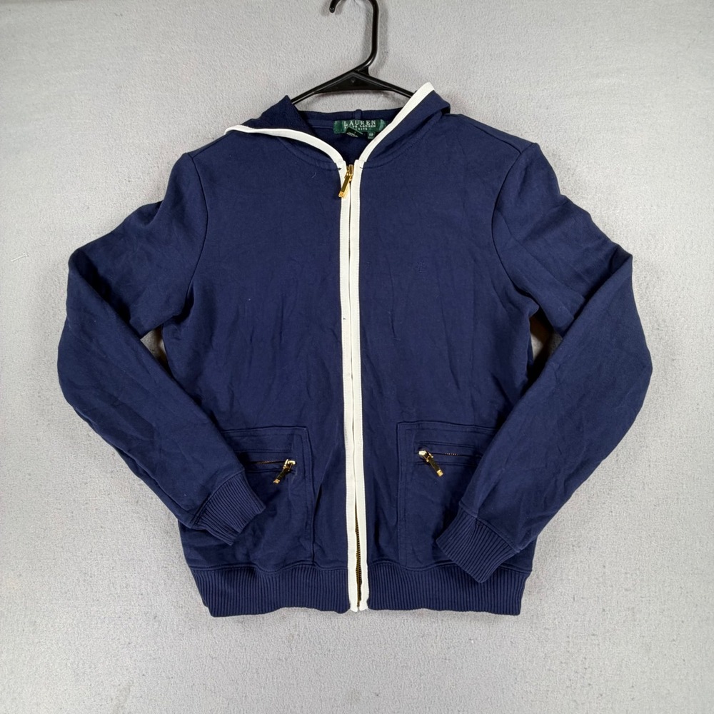 Lauren Ralph Lauren Women's Petite Small Navy Cotton Zip Hoodie Gold Hardware